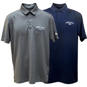 gray and navy Under Armour polo shirts with embroidered Penn State and Athletic Logo on left chests